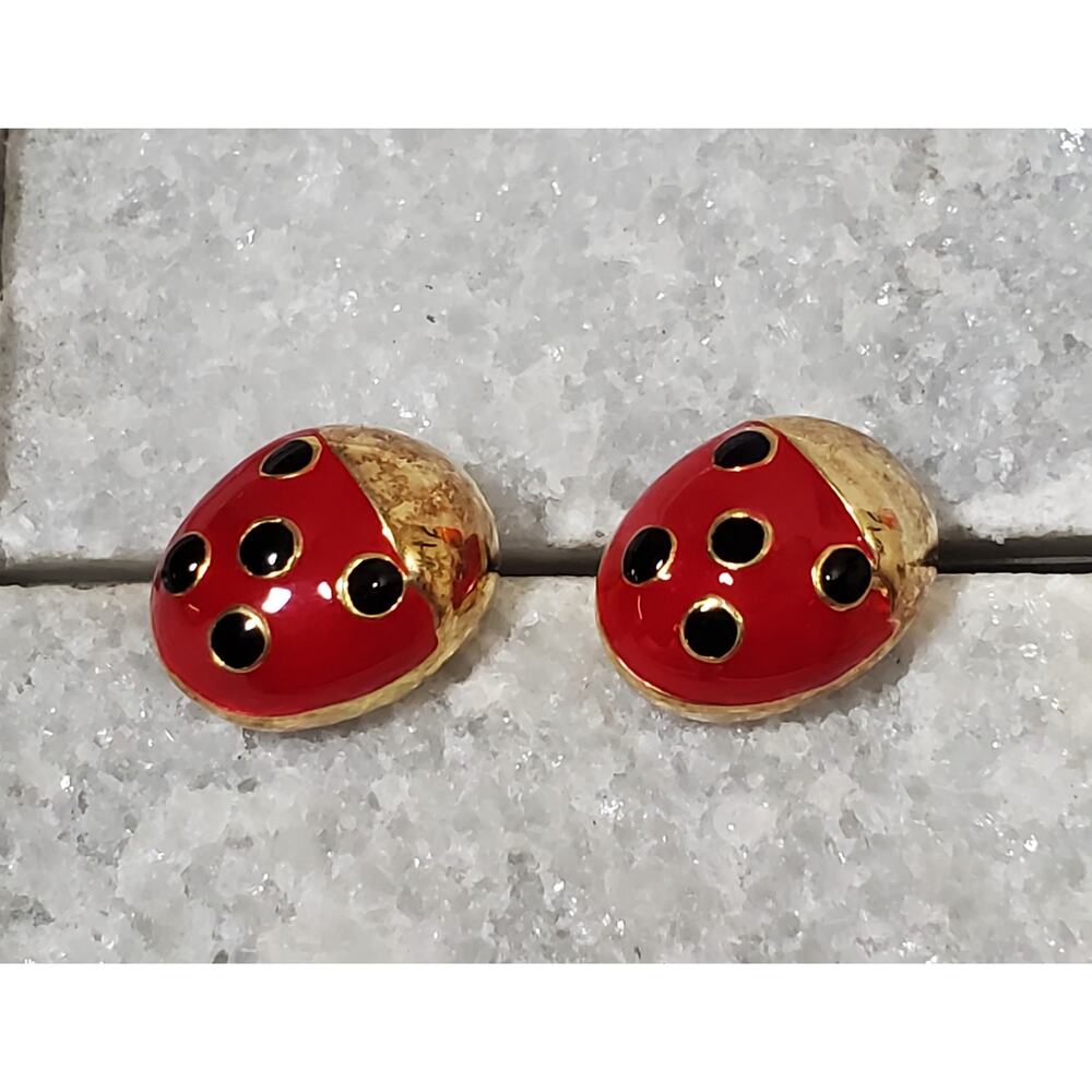 Vintage Gold Over Sterling Silver Enamel Ladybug Stud Earrings Italy - Picture 2 of 6